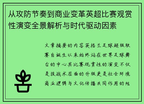 从攻防节奏到商业变革英超比赛观赏性演变全景解析与时代驱动因素