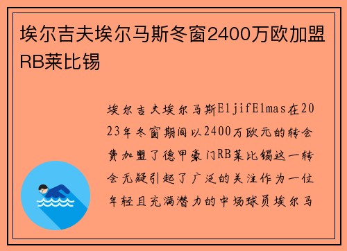 埃尔吉夫埃尔马斯冬窗2400万欧加盟RB莱比锡