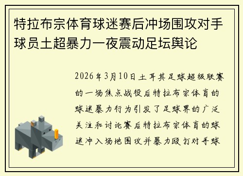 特拉布宗体育球迷赛后冲场围攻对手球员土超暴力一夜震动足坛舆论